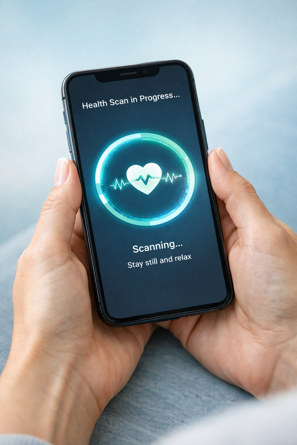 Hands holding a phone during a guided tongue scan